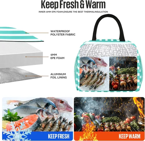Miniatura 6 de douyadady Bolsa de almuerzo para mujeres/hombres, fiambrera mujeres/hombres (azul bebé+rayas blancas)