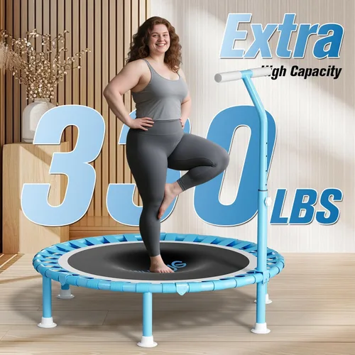Miniatura 2 de 40" Fitness Mini Trampoline with Adjustable Handle Bar, 330lbs Foldable Bungee Rebounder for Adults and Kids, Stable & Quiet Exercise Rebounder