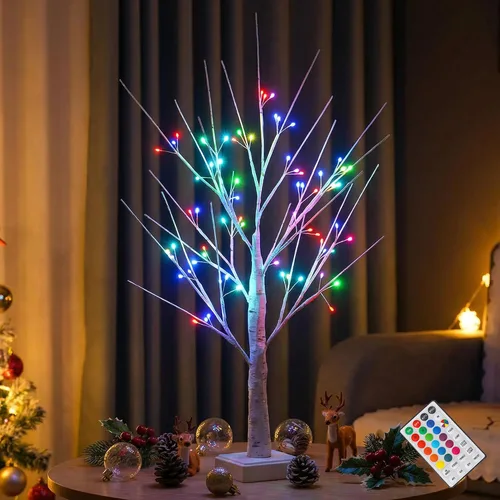 Árbol de abedul de 2 pies con 72 luces LED y control remoto, luz RGB que cambia de color para decoración del hogar, boda, dormitorio, perfecto para