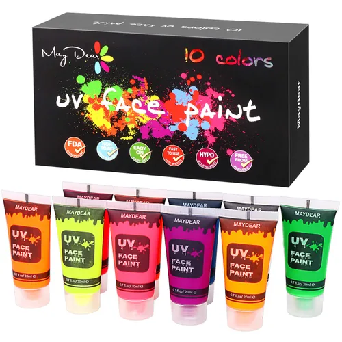 Maydear Juego de 10 colores de pintura facial y corporal UV, pintura facial líquida de neón fluorescente brillante, perfecta para Halloween, Varios