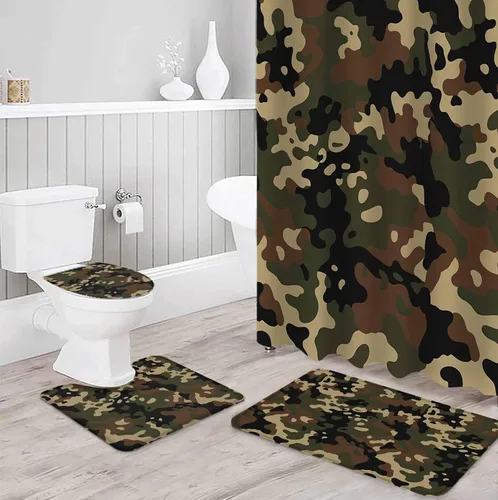 Miniatura 3 de Juego de 4 cortinas de ducha de camuflaje con alfombra antideslizante, cubierta para tapa de inodoro, tapete de baño y 12 ganchos, juego de cortina