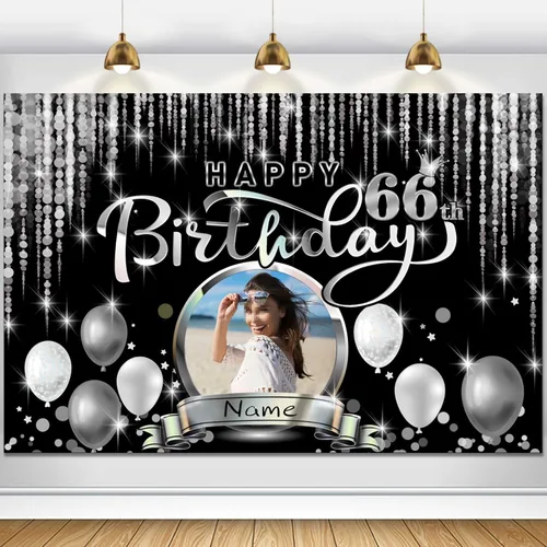 Miniatura 38 de Cartel de decoración de feliz cumpleaños número 100 personalizado - Personalización disponible - Negro y plateado - Tamaño grande - Admite fotos