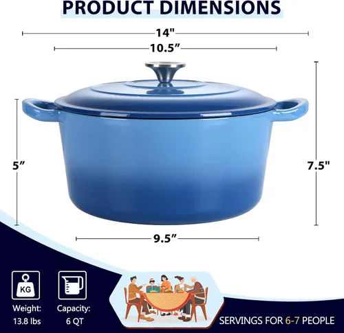 Miniatura 2 de E-far Horno holandés de hierro fundido esmaltado de 6 cuartos con tapa, olla redonda holandesa antiadherente para estofar, guisos, asar, hornear Azul