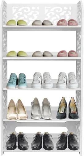 Miniatura 5 de Zapatero tallado hueco blanco de 5 niveles - Armario organizador de almacenamiento de zapatos de madera y plástico - Soporte de exhibición de botas