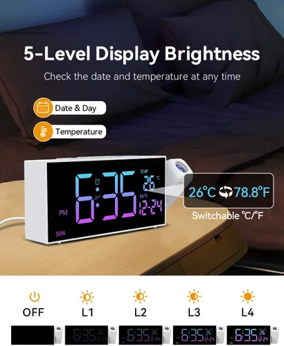 Miniatura 5 de Netzu Reloj de proyección para techo de dormitorio, despertadores con proyector giratorio de 180°, temperatura de fecha y día de la semana, DST