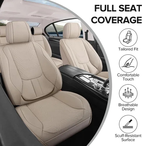 Miniatura 5 de CAPITAUTO Juego completo de fundas de asiento de automóvil, fundas de asiento beige para automóvil con soporte lumbar, fundas de asiento