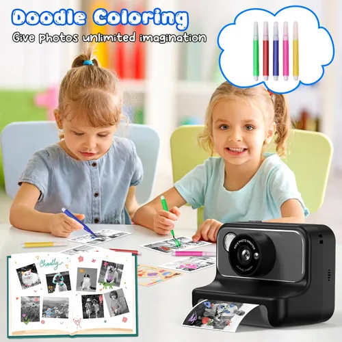Miniatura 6 de Impresión instantánea de cámara para niños, regalos de cumpleaños de Navidad para niñas y niños, cámara digital de video HD 1080P, juguete para Negro