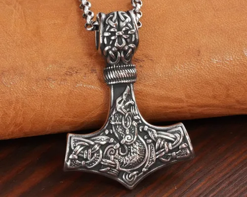 Miniatura 56 de Viking Thors Hammer Necklace Pendant - Vegvisir Aegishjalmur Helm of Awe Raven Huginn Muninn Pendant Necklace Amulet Talisman - Thor Necklace