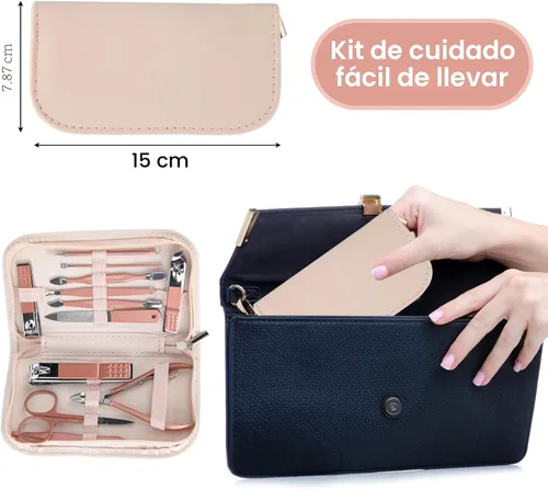 Miniatura 3 de Juego portátil de cortaúñas y herramientas de belleza, juego de manicura de oro rosa, 12 en 1. Bolsa de cuero rosa martensítica, adecuada