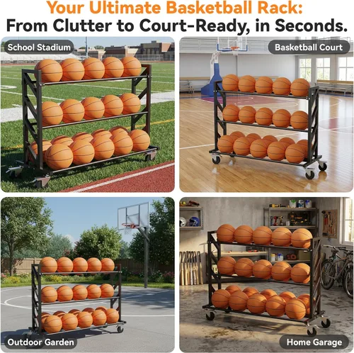 Miniatura 9 de Bastidores de baloncesto para pelotas, carrito de bolas resistente con ruedas, almacenamiento de baloncesto de 3 niveles y 20 bolas, carrito