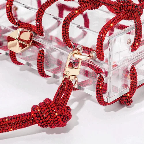 Miniatura 5 de DJBM Bolso de noche de acrílico transparente con diamantes de imitación brillantes, adornado con cristales con purpurina, nudo de cuerda, bolso