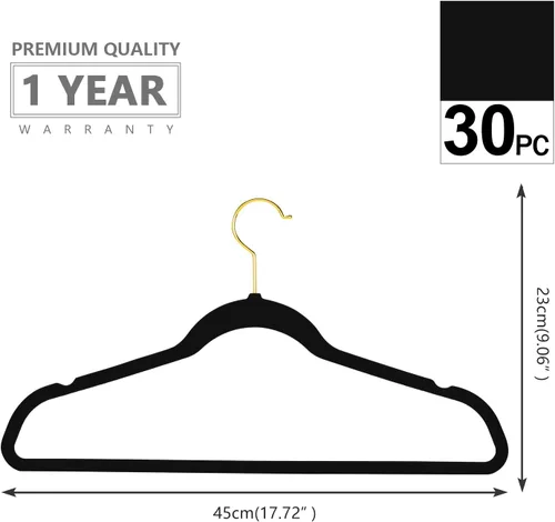 Miniatura 6 de MIZGI Paquete de 30 perchas de terciopelo de alta calidad, resistentes, antideslizantes, delgadas, perchas de terciopelo negro, ganchos dorados