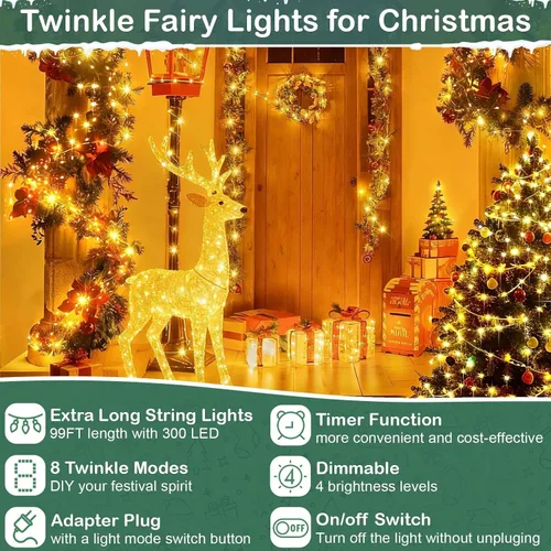 Miniatura 2 de Guirnalda de luces LED de 99 pies con 300 luces para dormitorio, patio, interior/exterior, impermeable, luces de cobre para cumpleaños, boda