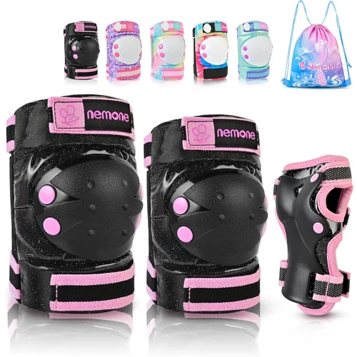 Miniatura 8 de NEMONE Rodilleras para niños, niñas, coderas, muñequeras con bolsa de cordón, juego de equipo de protección reflectante ajustable para patinaje