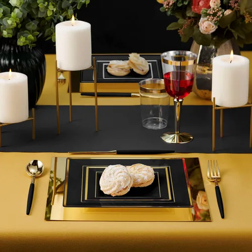 Miniatura 2 de BloominGoods 100 platos cuadrados desechables de plástico negro, paquete de 100 platos cuadrados de plástico de 6.5 y 10 pulgadas con borde dorado