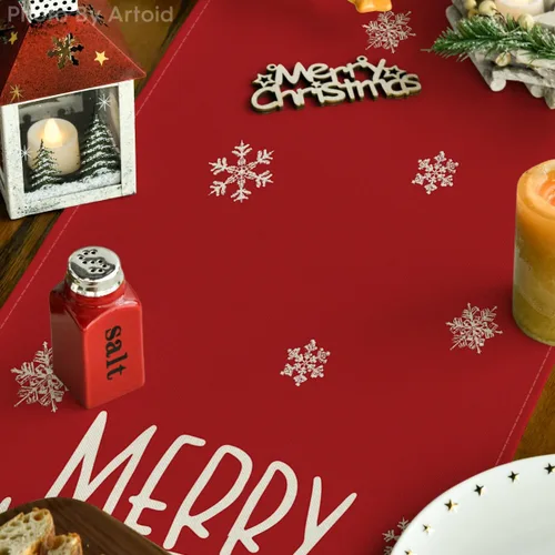 Miniatura 3 de Artoid Mode Camino de Mesa de Feliz Navidad con Árboles de Navidad y Copos de Nieve Rojos 210 GSM, Decoración de Mesa de Comedor de Cocina