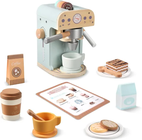 Pithfor Juguete para cafeteras de madera para niños, electrodomésticos de cocina y accesorios de juguete para niños pequeños, regalo para niñas y