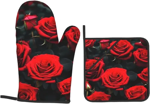 Miniatura 9 de Juego de manoplas y salvamanteles antideslizantes para horno y salvamanteles con diseño de rosas rojas, resistentes al agua, para hornear a