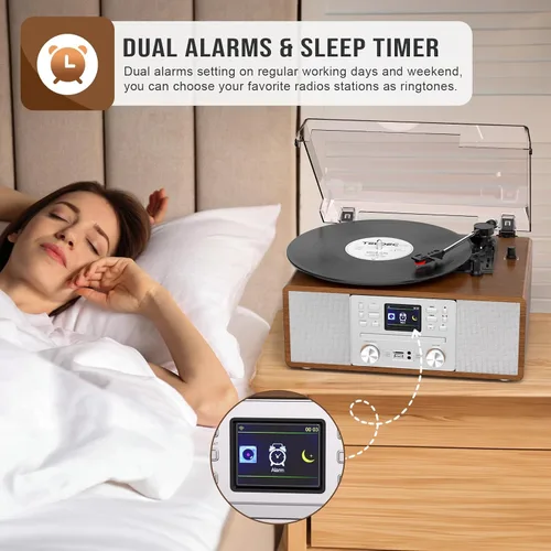 Miniatura 7 de 10 in 1 Record Player Multimedia with Speakers, CD Player, Bluetooth Receiver, Internet Radio, USB Recording, 3-Speed Turntable, Alarm Clock, Sleep