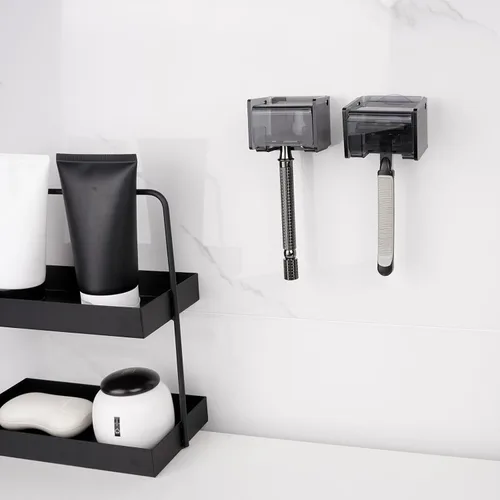 Miniatura 4 de Paquete de 2 soportes acrílicos para maquinilla de afeitar con cubierta para ducha, organizador de afeitadora montado en la pared con ventosa