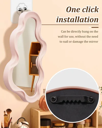 Miniatura 5 de Espejo de pared decorativo pequeño y funky – Diseño ondulado asimétrico rosa, espejo colgante para dormitorio, baño, entrada, forma moderna