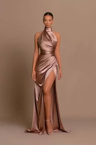 Miniatura 2 de Mkojaa Vestidos de dama de honor con cuello halter, vestidos de noche largos fruncidos y divididos