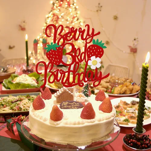 Miniatura 5 de 1 pieza de decoración para pastel de tercer cumpleaños con temática de fresa, flor brillante con temática de frutas dulces, decoración de pastel