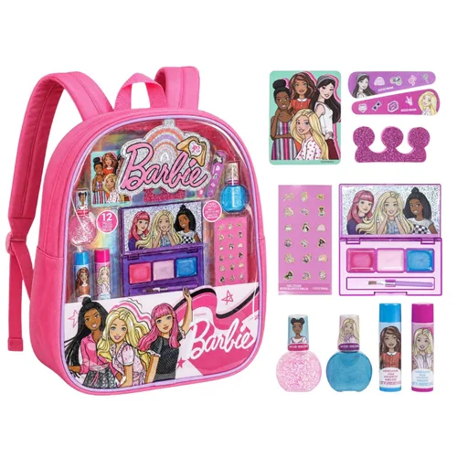 Townley Girl Barbie - Juego de maquillaje para niñas en mochila, incluye bálsamo labial, esmalte de uñas, lima de uñas, lazos para el cabello,
