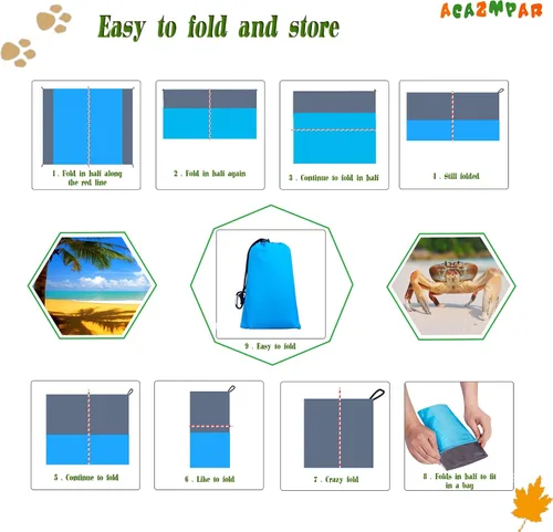 Miniatura 4 de Manta de playa impermeable a prueba de arena para viajes, camping, senderismo, picnic, festivales de música, azul/gris, 79 x 55 pulgadas, hecha