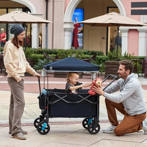 Miniatura 8 de EVER ADVANCED Vagón ultracompacto para 2 niños, vagón cochecito plegable de viaje de empujar y tirar con toldo desmontable, asas y arneses Negro