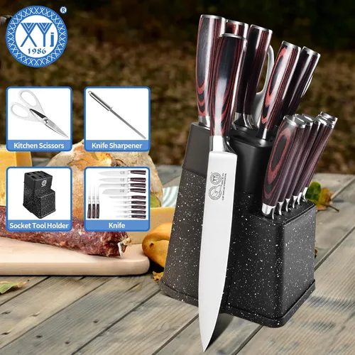 Miniatura 7 de XYJ Auténtico desde 1986, juego de bloque con cuchillos de cocina, juego de cuchillos de cocina con soporte, tijeras, juego de cuchillos de chef