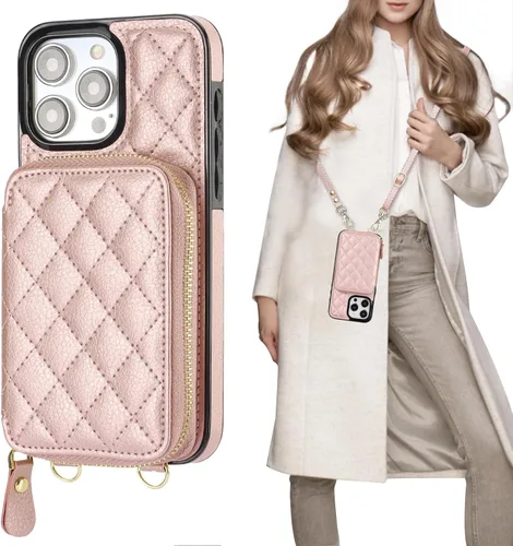 Miniatura 14 de Bocasal Funda tipo cartera cruzada para iPhone 15 Pro Max, con bloqueo RFID, de piel sintética, con cremallera, funda tipo cartera con función atril