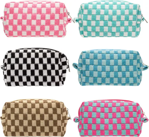 Miniatura 64 de PAZIMIIK Bolsa de Maquillaje a Cuadros para Bolso Portátil con Cremallera, Estuche Pequeño de Cosméticos para Accesorios de Viaje, Azul Ártico