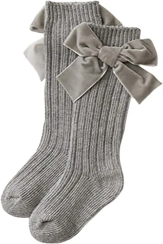 Miniatura 6 de Kayotuas Calcetines altos hasta la rodilla con lazos, calcetines de uniforme con volantes de tubo largo, calcetines de punto acanalado para bebés