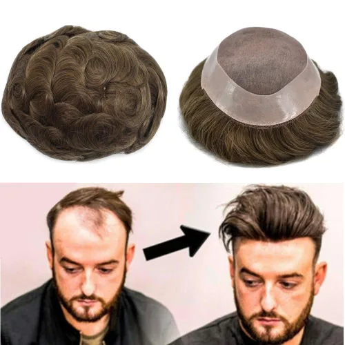Miniatura 14 de Toupee cabello humano fino mono revestimiento de poliéster alrededor de la postizo duradero NPU monofilamento sistema de reemplazo de cabello