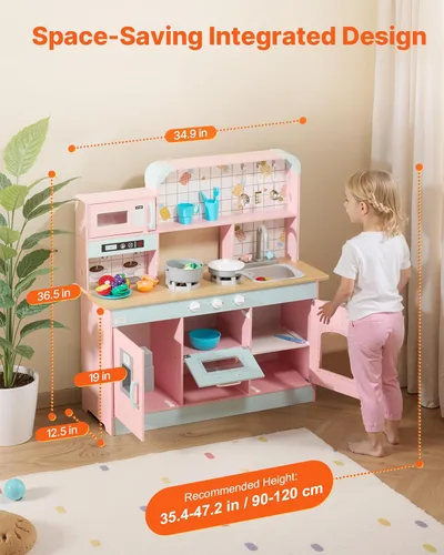 Miniatura 2 de VEVOR Cocina de Juguete de Madera, Cocina de Juego para Niños con Luces y Sonidos, Cocina Infantil con Máquina de Hielo, Horno, Fregadero, Rosa