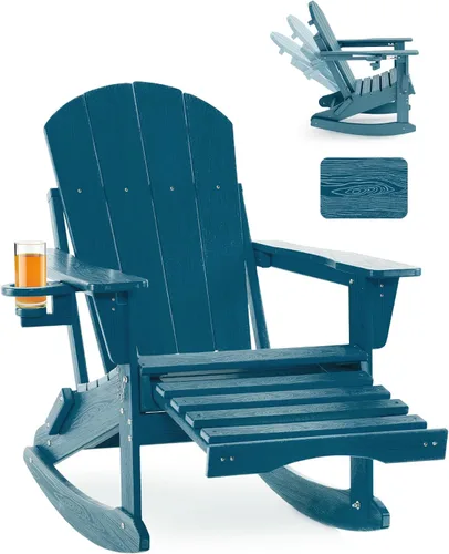 Miniatura 25 de Mecedora plegable Adirondack, silla de patio multifuncional 4 en 1 con otomana retráctil, silla de exterior con textura de madera, silla de césped