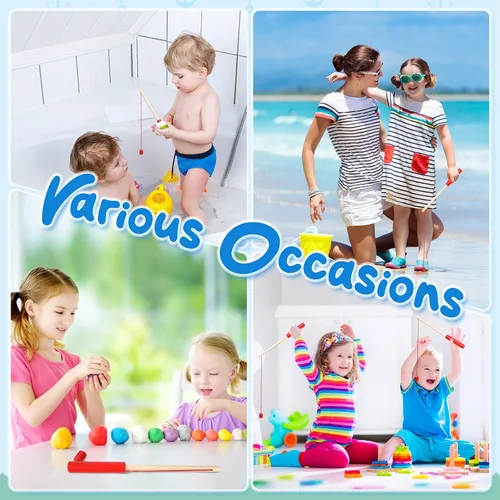 Miniatura 6 de Sumind 6 cañas de pescar magnéticas de madera para niños con ganchos magnéticos, juguete de verano, playa, piscina, actividad, regalos para jardín