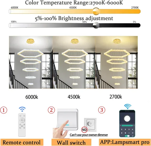 Miniatura 8 de Lámpara de araña moderna de 5 anillos de oro larga de cristal para techo alto, forma de altura ajustable, regulable 8 pulgadas + 16 pulgadas + 24