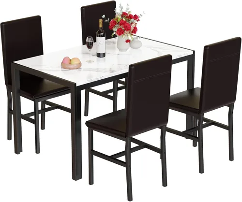 DKLGG Juego de 4 mesas de comedor para 4, juego de 4 mesas y sillas de cocina de mármol sintético, moderno juego de mesa de comedor de 5 piezas con