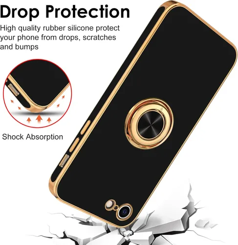Miniatura 7 de Hython Funda para iPhone SE 2022, iPhone SE 2020, iPhone 7, iPhone 8 con soporte de anillo soporte magnético, chapado en oro rosa, TPU suave, Negro