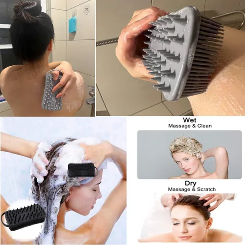Miniatura 4 de Paquete de 2 exfoliantes corporales de silicona de doble cara para exfoliación, ducha y masaje del cuero cabelludo, cepillo 2 en 1 para baño