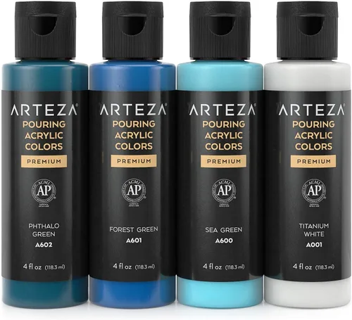 Miniatura 3 de ARTEZA Juego de 4 colores de pintura acrílica para vertido, botellas de 4 onzas, tonos aguamarina, pintura acrílica de alto flujo, suministros