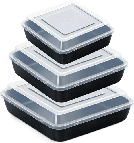 E-far Juego de 3 moldes cuadrados de 6/8/9 pulgadas con tapa, antiadherentes cuadrados para hornear, núcleo de acero inoxidable y fácil de limpiar,