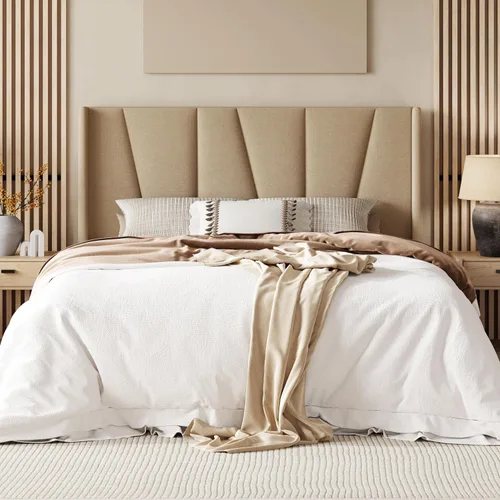Allewie Base de cama de plataforma tamaño Queen con cabecera geométrica con respaldo de alas, cama tapizada bohemia con soporte de listones de Beige