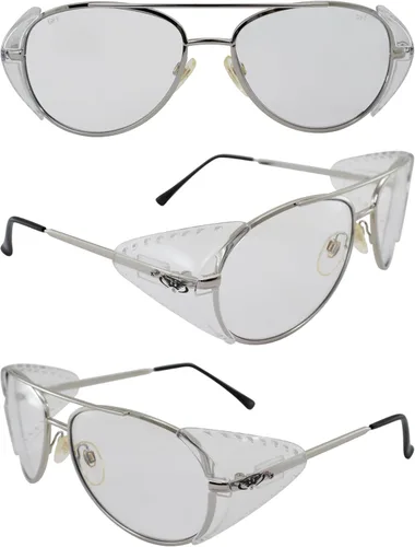 Miniatura 8 de Global Vision Gafas de seguridad de aviador transparente UV400 con lente de policarbonato brillante, marco de metal plateado con protectores