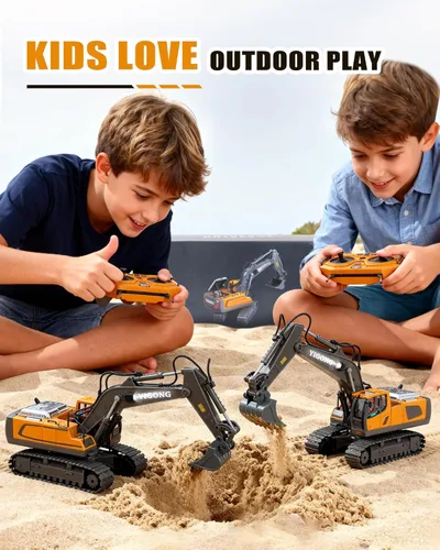 Miniatura 8 de HuiJuKeJi Juguete de excavadora de control remoto de 11 canales, vehículo de construcción RC recargable de 2.4 GHz para niños, rotación de 680°