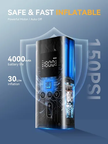 Miniatura 3 de Inflador de neumáticos, compresor de aire portátil, bomba de aire inalámbrica de inflado rápido de 150 PSI con luz LED, apagado automático, batería