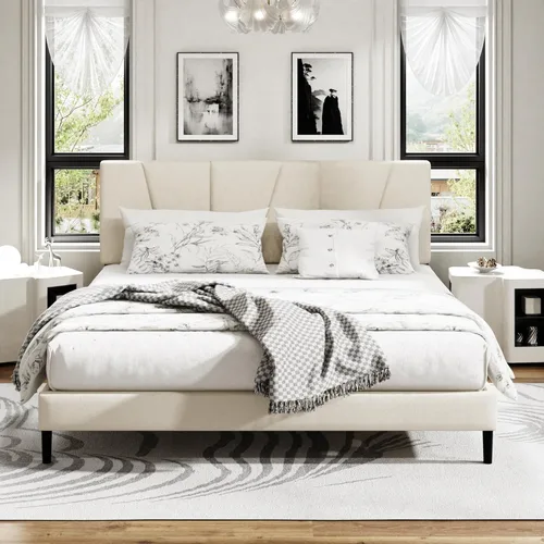 Miniatura 10 de Sismplly - Base de cama plataforma tamaño Queen con cabecero tapizado, soporte de listones de madera, sin ruido, no necesita somier, fácil montaje
