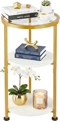 Mesa auxiliar de cristal, mesa auxiliar redonda pequeña de vidrio templado con estantes de almacenamiento de 3 niveles para espacios pequeños, mesa